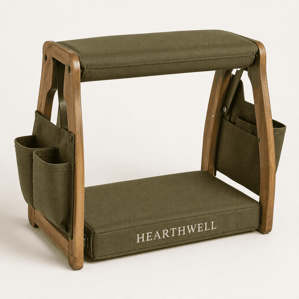 Hearthwell foldable garden kneeler and tool seat with embroidered Hearthwell name on the olive kneeling pad