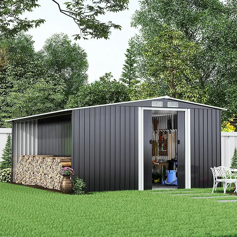 8 x 6 ft Metal Shed Apex Roof Double Door with 6.7 x 2.1 ft Log Store, Black