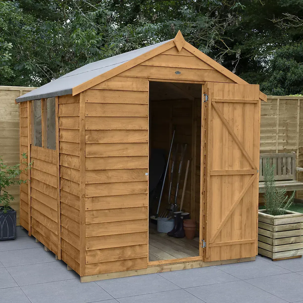 Forest Garden Overlap 8x6 ft Apex Wooden Dip Treated Shed with floor & 2 windows