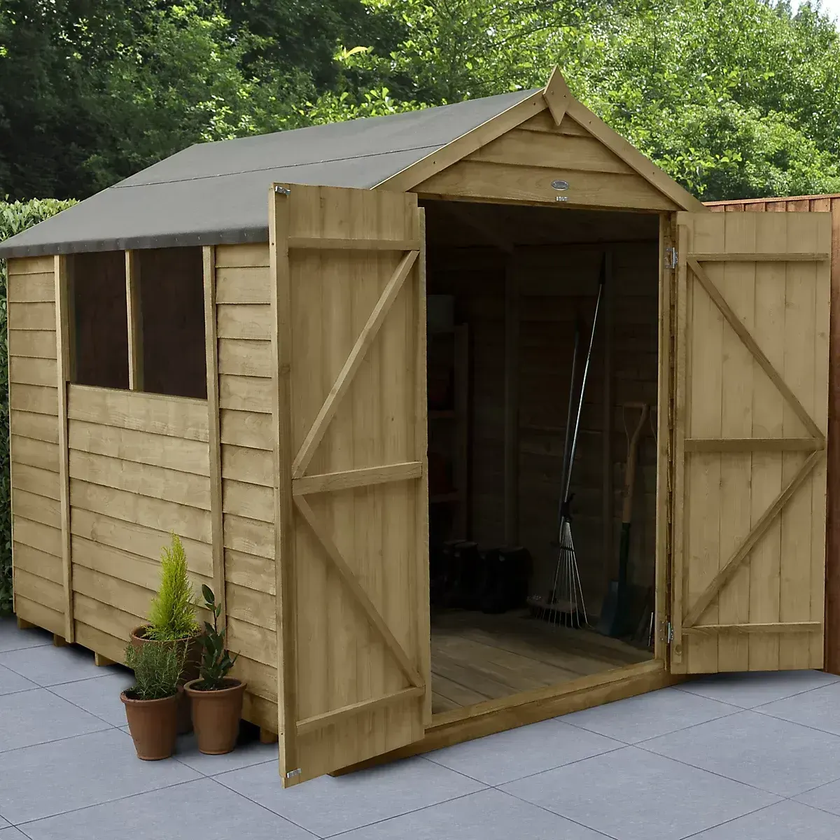 Forest Garden Overlap 8x6 ft Apex Wooden Pressure Treated 2 Door Shed with floor & 2 windows
